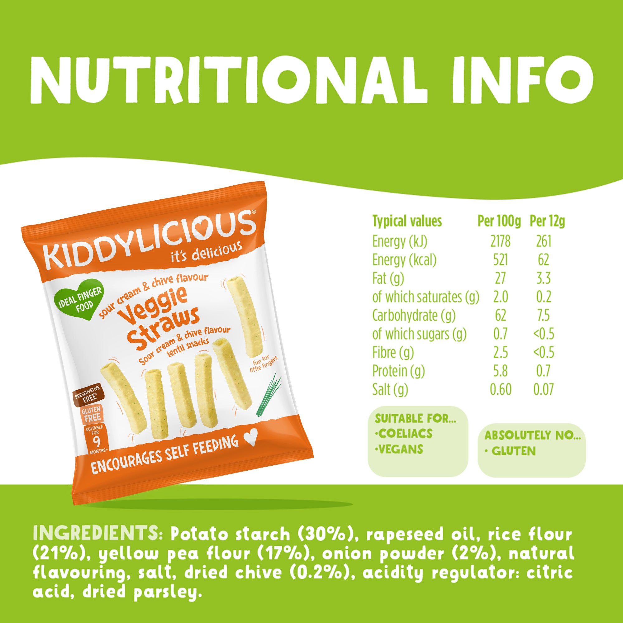Kiddylicious Sour Cream & Chives Veggie Straws 9m+