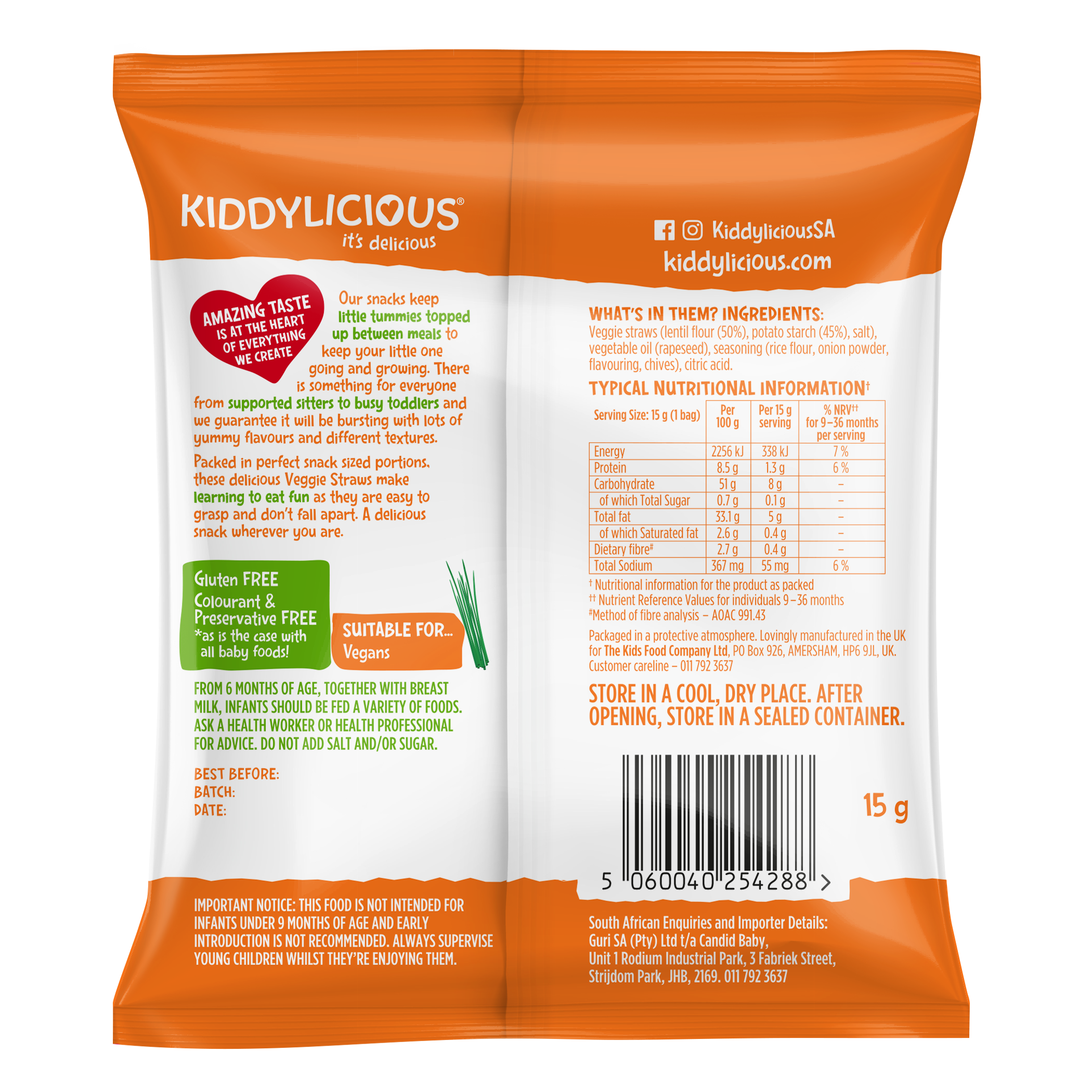Kiddylicious Sour Cream & Chives Veggie Straws 9m+